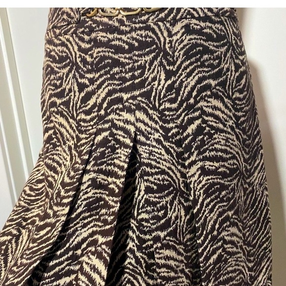 Ann Taylor Gold Chain Pleated Brown & Tan Print Superfine Wool Skirt EUC Size 14 - Picture 3 of 7